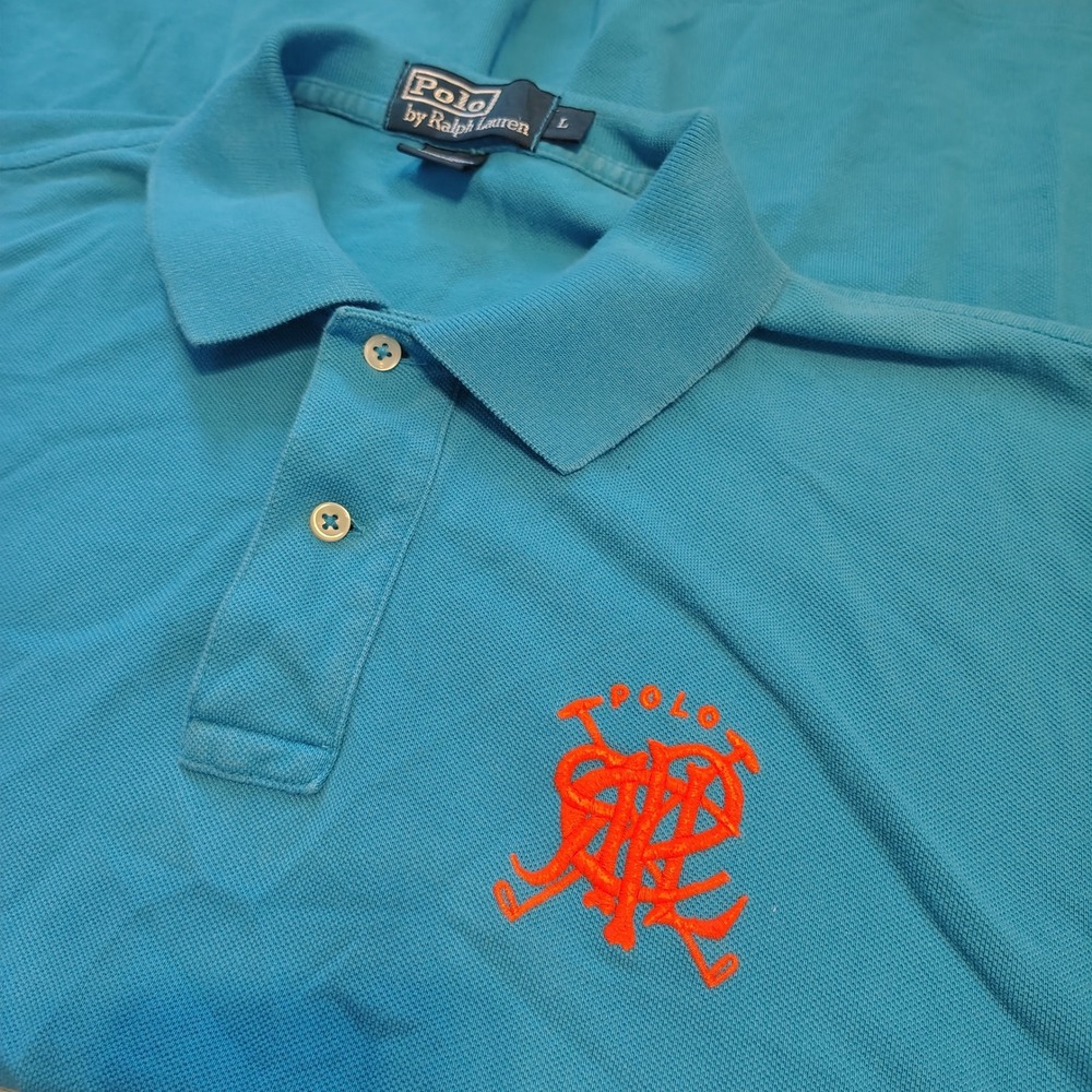 Polo Ralph Lauren Mens Large Turquoise Blue Orange Crest Logo Pique Polo Shirt